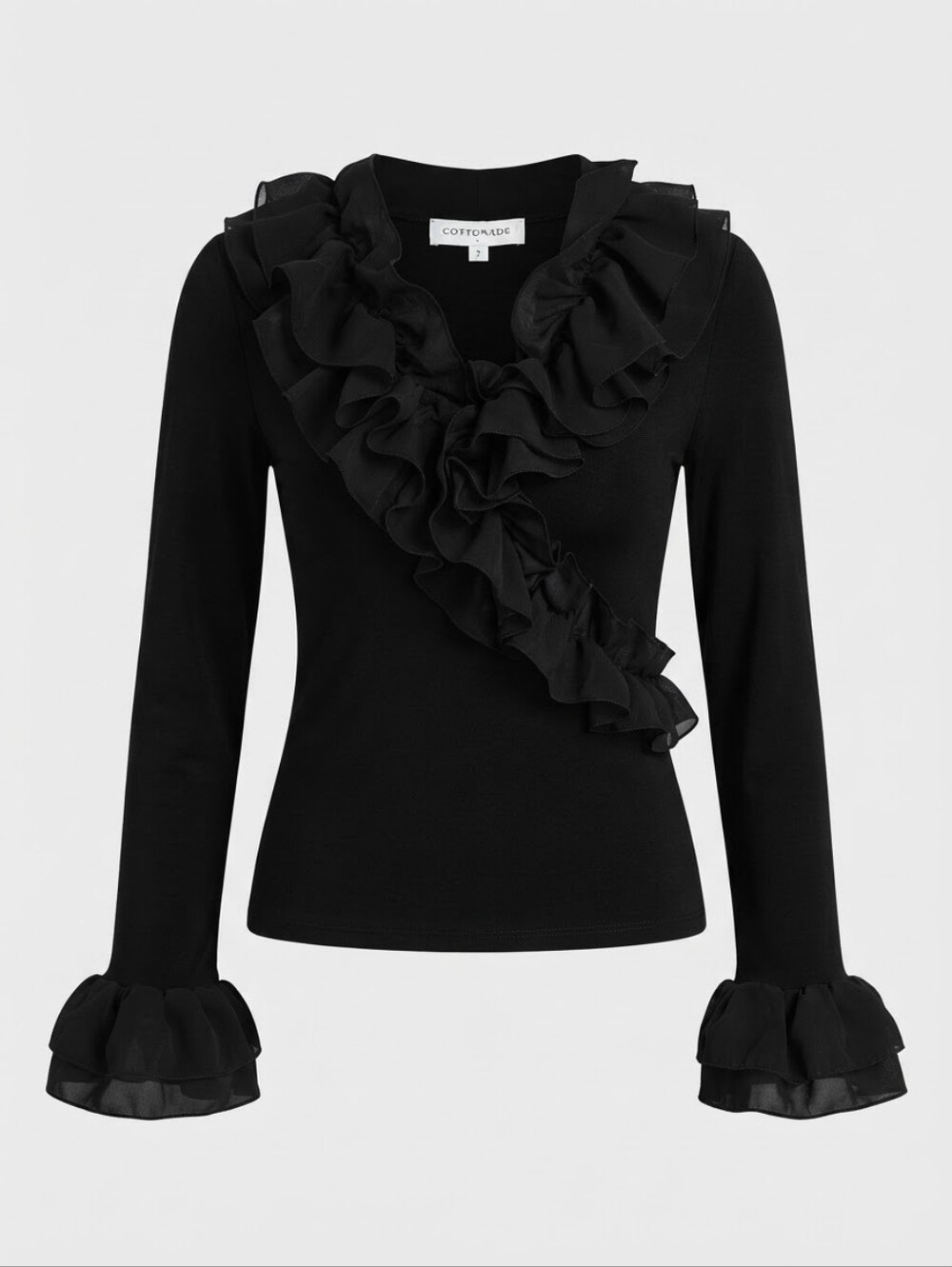 Cottonade Paris Black Cascading Ruffle Long Sleeve Top Size 2 - Picture 2 of 9